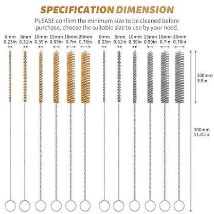 12-Pieces Brass Wire Brush Stainless Steel Wire Brush Set 12" Long Wire Bottle Brush Tube Cleaning Brush Metal Wire Brush for Tubes, Cylinders, Bottles, Auto Parts (6mm/8mm/10mm/15mm/18mm/20mm)
