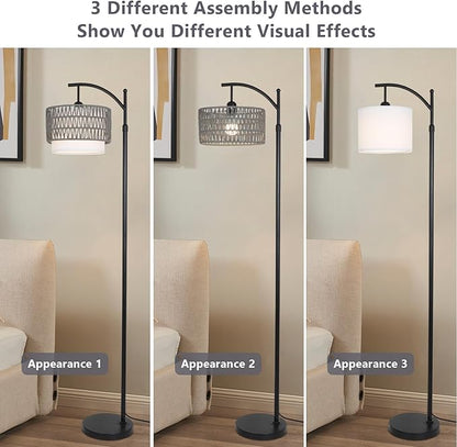 Floor Lamps for Living Room, Arc Standing Lamp with Remote & Dimmable Bulb, Boho Rattan Floor Lamp for Bedroom with 3 Color Temperatures, Farmhouse Tall Lamp, Height Adjustable Stand up Lamp
