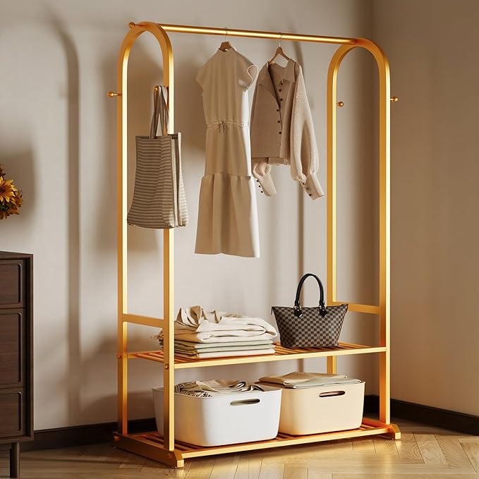 Sturdy heavy duty clothes rack,Gold clothing rack with bottom shelves and 6 side hooks,Metal garment rack for hanging clothes