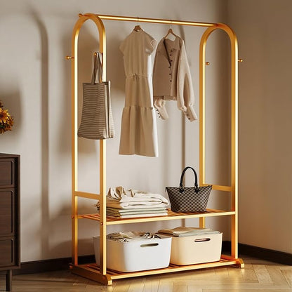 Sturdy heavy duty clothes rack,Gold clothing rack with bottom shelves and 6 side hooks,Metal garment rack for hanging clothes