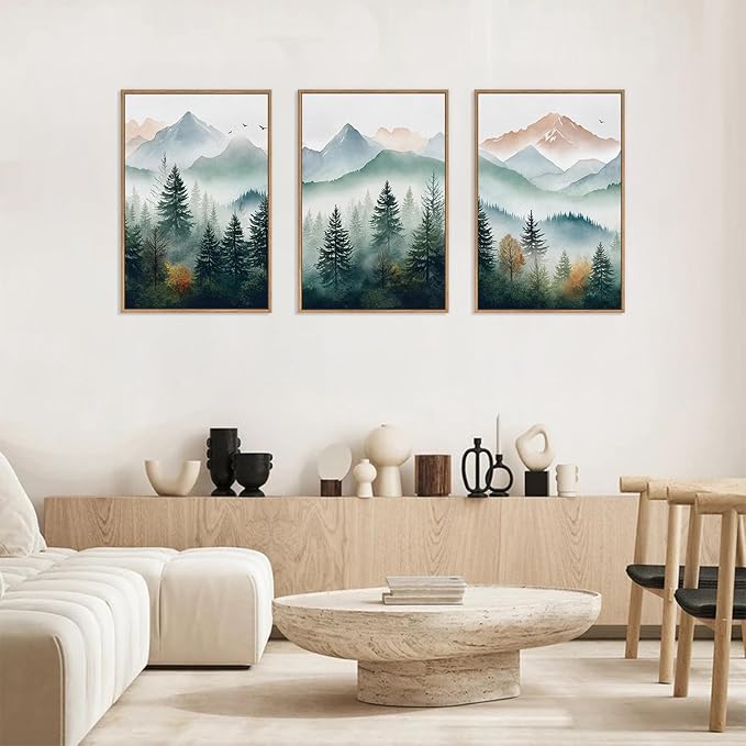HLNIUC Misty Mountain Forest Framed Wall Art Set,Green Fog Pine Tree Wall Decor,Natural Foggy Forest Scenic Canvas Wall Painting,Fog forest Landscape Art Print for Living Room,Bedroom,Office - 16”x24”x3