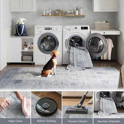 jinchan 2x3 Washable Rug for Entryway - Vintage Floral Ultra-Thin Low Pile Soft Small Non-Slip Distressed Indoor Doormat Accent Rug for Entrance Kitchen Bathroom Bedroom (2x3ft,Grey)