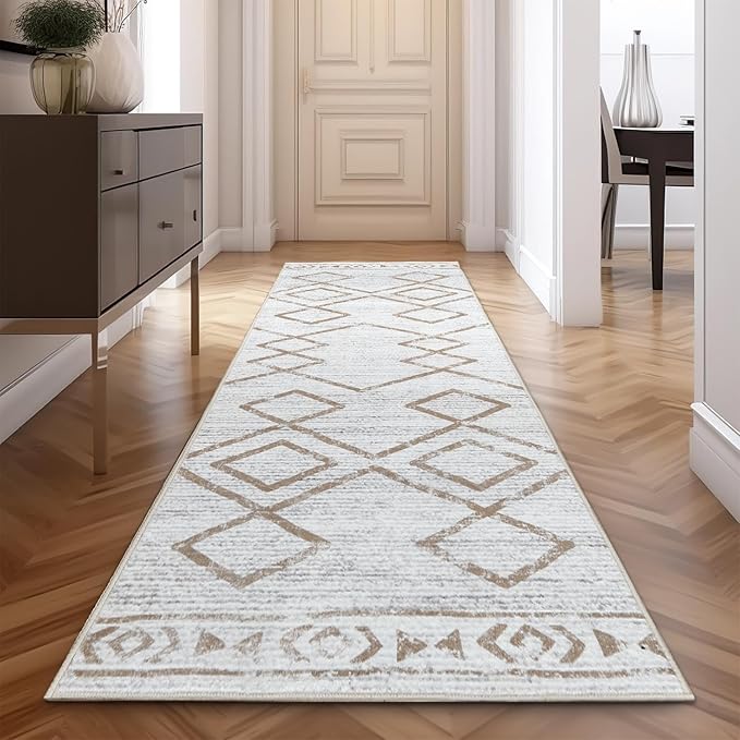 jinchan Hallway Runner Rug 3x10 - Moroccan Kitchen Machine Washable Runner Rug Modern Geometric Soft Faux Wool Ultra-Thin Low-Pile Non-Slip Carpet for Laundry Room Bedroom Farmhouse (3x10ft, Taupe)
