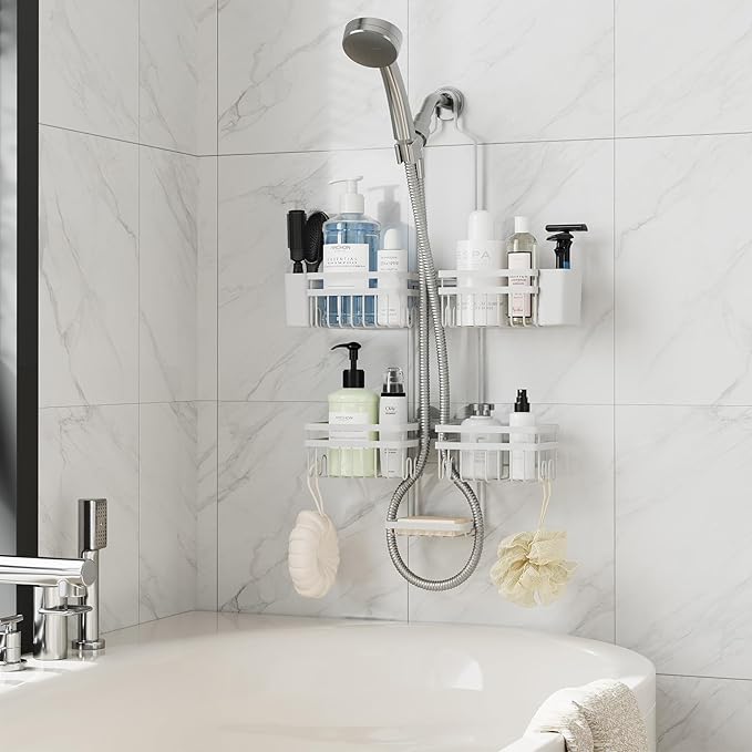 Shower Caddy Hanging for Bathroom Organizers and Storage - 3-Tier Adjustable Anti-Swing Shower Organizer for Handheld Showerhead with Heavy-Duty Suction Cups, Damage-Free Rustproof (White)