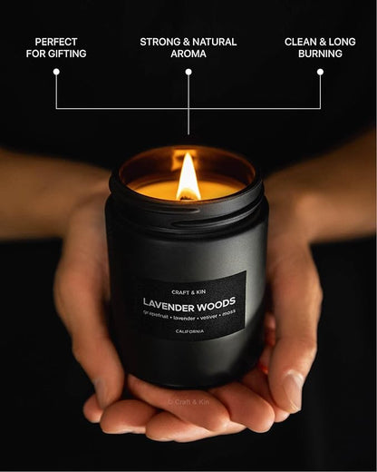 Craft & Kin Premium Lavender Woods Candle | Black Scented Candles for Men | Long Lasting with 45 Hour Burn Time, 7.6oz | Soy Candle | Aromatherapy at Home | Gifts for Men
