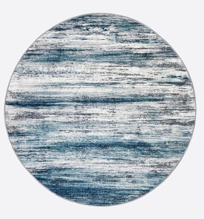 KOZYFLY Abstract Round Washable Rug 3Ft, Modern Kitchen Non-Slip Soft Small Bathroom Circle Rug, Blue Striped Entryway Rugs Print Faux Wool Doormat for Bedside Entrance Bedroom Sink