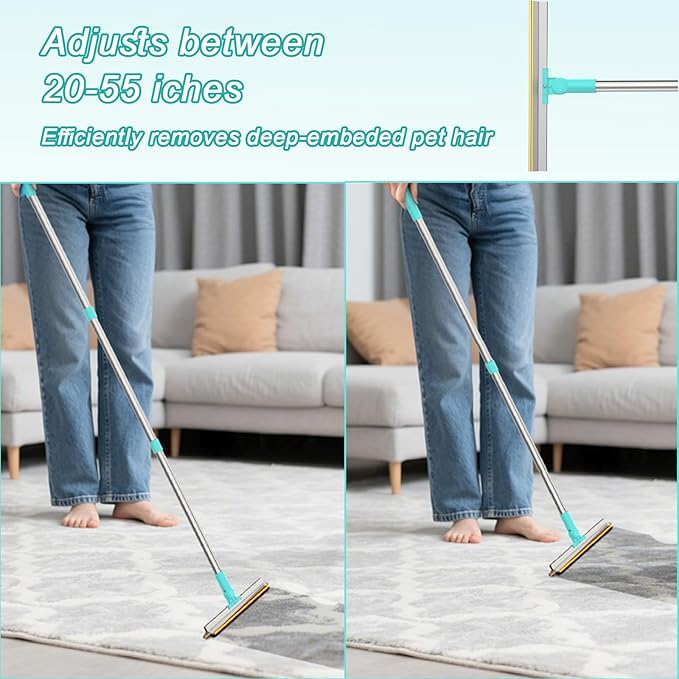 Carpet Rake for Pet Hair Removal - Reusable with Adjustable Long Handle, Dog & Cat Fur Brush & Scraper for Rugs, Floor Mats, Couches, Furniture and Car Interiors