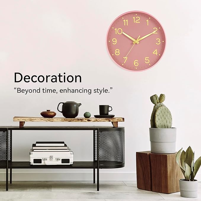 Silent Wall Clocks Battery Operated 10 Inch-Modern Non Ticking Analog Clock Decorative for Kitchen Office Bathroom Bedroom(Pink Gold)