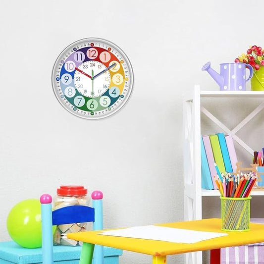 XFM Learning Clock for Kids 12 Inch Colorful Teaching Time Wall Clocks Battery Operated Silent Analog Clock for Kids Room Classroom School Playroom