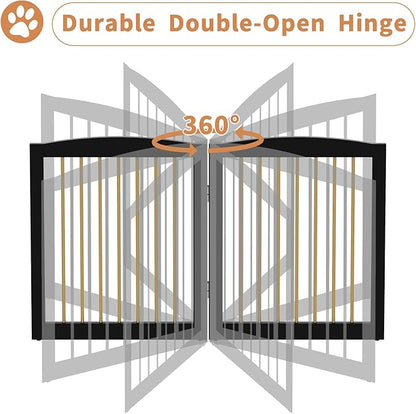 Freestanding Pet Gate for Dogs, Foldable Wooden Dog Gate for House, Indoor Dog Gate for Stairs, Doorways, Step Over Pet Puppy Safety Fence, 80 Inch Wide, 4 Panels 24", Black & Gold