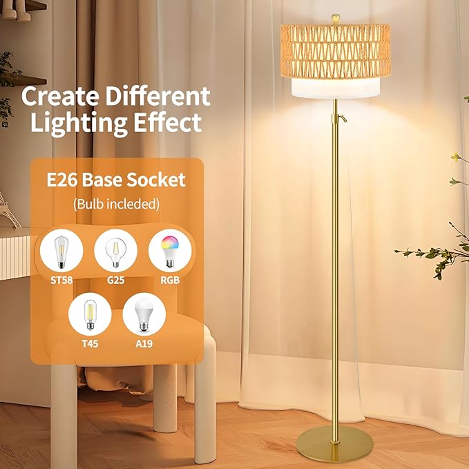 Gold Floor Lamps for Living Room Boho Floor Lamp with Rattan & Fabric Shade, Modern Adjustable Height Standing Lamp Vintage Tall Floor Lamp for Bedroom Living Room Reading Corner (Bulb Included)