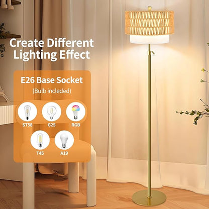 Gold Floor Lamps for Living Room Boho Floor Lamp with Rattan & Fabric Shade, Modern Adjustable Height Standing Lamp Vintage Tall Floor Lamp for Bedroom Living Room Reading Corner (Bulb Included)