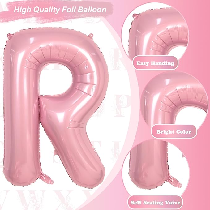 Big Letter Balloon R, 40" Pastel Pink Mylar Helium Alphabet Customize Name Balloon Letters, Self Inflating Baby Pink Foil R Custom Letter Balloon for Girl Women Birthday Party Baby Shower Decoration