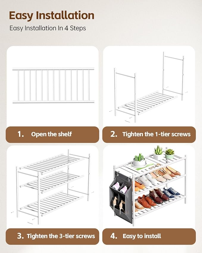 Bamboo Shoe Rack for Closet Small Wooden Shoe Organizer with Pouch, Sturdy Wood Shoe Shelf for Front Door Entrance Entryway and Outdoor, 26 inch Wide (White, 3-Tier)