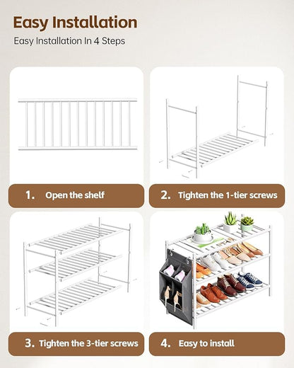 Bamboo Shoe Rack for Closet Small Wooden Shoe Organizer with Pouch, Sturdy Wood Shoe Shelf for Front Door Entrance Entryway and Outdoor, 26 inch Wide (White, 3-Tier)