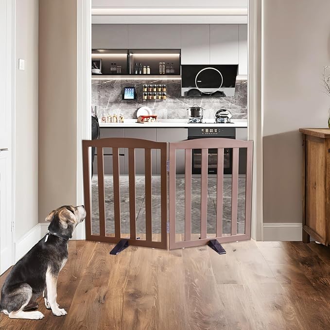 ZJSF Foldable Freestanding Indoor Dog Gate for House Wood Long Pet Gates Dog Fence for Stairs Puppy Gates for Hallways, Puppy Gate,Support Feet Included, Brown, 24 "Height-2 Panels