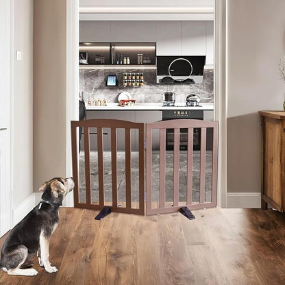 ZJSF Foldable Freestanding Indoor Dog Gate for House Wood Long Pet Gates Dog Fence for Stairs Puppy Gates for Hallways, Puppy Gate,Support Feet Included, Brown, 24 "Height-2 Panels