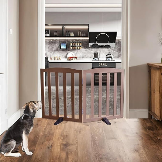 ZJSF Foldable Freestanding Indoor Dog Gate for House Wood Long Pet Gates Dog Fence for Stairs Puppy Gates for Hallways, Puppy Gate,Support Feet Included, Brown, 24 "Height-2 Panels