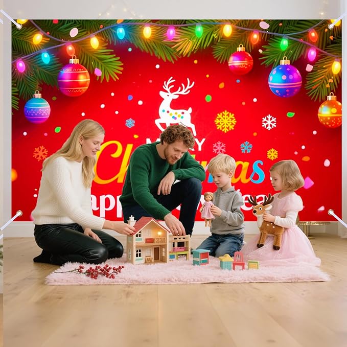 Nuxovilar Happy New Year & Christmas Banner, Twinkling Lights Fusion Backdrop for Holiday Party Decorations, 71x43 Inch
