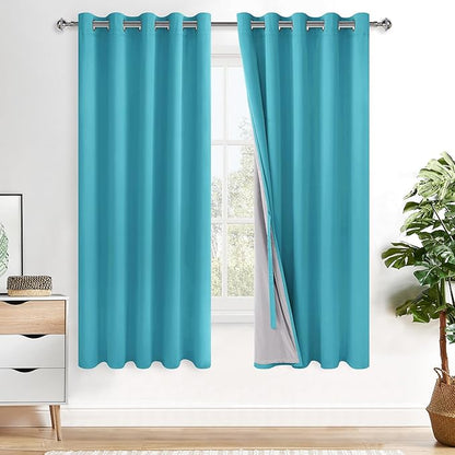 XWZO 100% Blackout Curtains 63 Inches Length with Tiebacks - Heat and Light Blocking Ring Top Window Drapes with Black Liner Backing for Bedroom/Kid's Room, Turquoise, W60 x L63, Set of 2 Panels