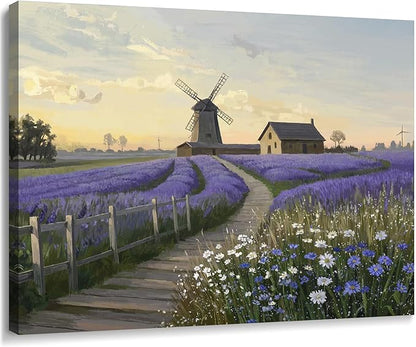 amatop Purple Canvas Wall Art for Bathroom Bedroom Farmhouse Lavender Floral Art Print Countryside Landscape Picture Daisy Flowers Small Nature Scenic Rustic Artwork Entryway Hallway 16x12 In