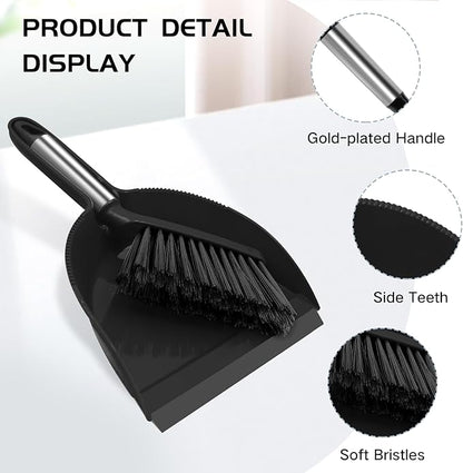 NACENA Mini Broom and Dustpan Set, Small Dust Pan and Brush Set with Handle Dustpan Teeth for Cleaning Hair Suitable for Office Desks Drawers Sofas Outdoor Camping, Black
