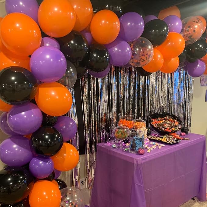 Orange Black Purple Balloons Pack of 75, 12 Inch Halloween Color Party Balloons Matte Black Orange Dark Purple Helium Latex Balloons with Ribbon for Kids Birthday Baby Shower Scary Party Decorations