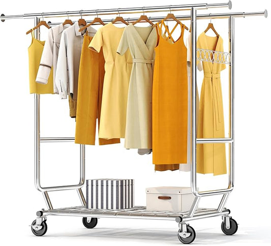 HOKEEPER 600 lbs Commercial Clothing Garment Rack with Shelves Clothing Racks on Wheels Rolling Closet Clothes Rack Heavy Duty Portable Collapsible Adjustable, Chrome Finish