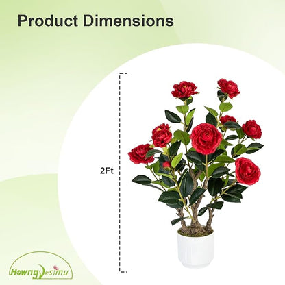 2 Pack Artificial Camellia Tree with White Pot, 24" Faux Potted Plants for Indoor Outdoor Decor, Tall Silk Greenery Plant for Home Office Living Room Balcony, Red