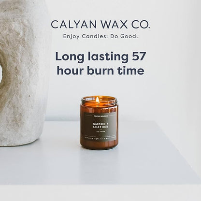 Calyan Wax Co. Musk & Teakwood Scented Candle - 57 Hour Burn - Luxury Non Toxic Soy Wax Candles - Long Lasting Amber Glass Jar Candle for Home - 7.2oz