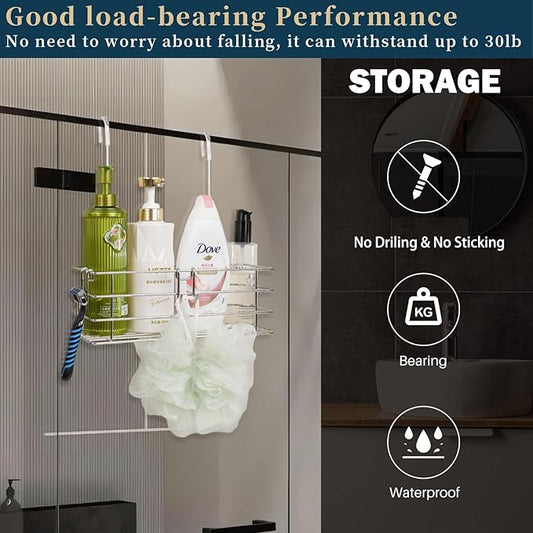 2pcs Single-Layer Hanging Shower Caddy, Rustproof Shelves Rack with Rotatable Hook bar, Large Capacity Bathroom Organizers and Storage, No Drilling Shampoo Bracket