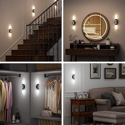 Motion Sensor Wall Lights with Remote Control, LED Rechargeable Battery Operated Wall Sconces Set of Two for Bedroom, Wireless Night Light for Indoor Stairway, Hallway, Black