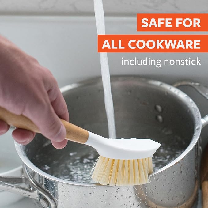 Full Circle Be Good-Bamboo Handle Dish Brush–Sustainable Kitchen Cleaning with Tough Bristles-Natural Dish Scrubber,Nonstick & Cast Iron Cleaner-Long Handle Brush for Dishes,Pots, and Pans,White