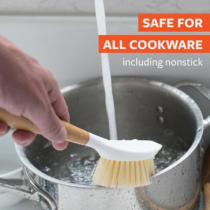 Full Circle Be Good-Bamboo Handle Dish Brush–Sustainable Kitchen Cleaning with Tough Bristles-Natural Dish Scrubber,Nonstick & Cast Iron Cleaner-Long Handle Brush for Dishes,Pots, and Pans,White