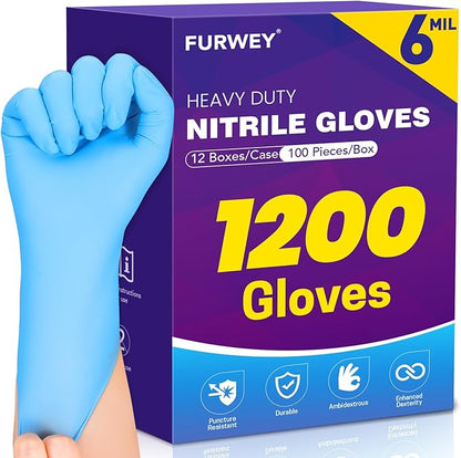 Heavy Duty Disposable Nitrile Exam Gloves 6 mil 1200 Count Gloves Blue Latex-Free,Food-Safe, Powder Free, Non-Sterile