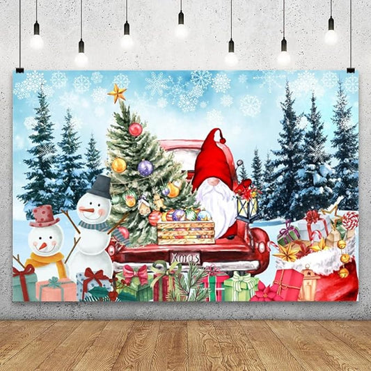 YongFoto Merry Christmas Backdrop 20x10ft Pine Forest Snowman Christmas Tree Red Car Gnome Photography Background New Year Xmas Eve Family Party Banner Room Decor Photoshoot Wallpaper Photo Booth