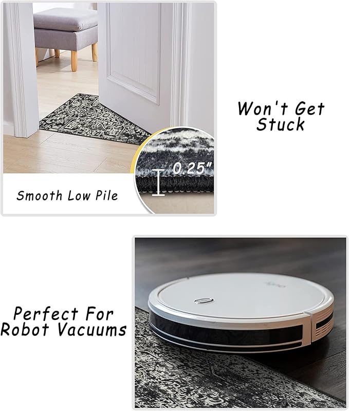 vivorug Black Runner Rug 2x10 Machine Washable Rug with Non-Slip Backing, Ideal for Kitchen Hallway Entryway Laundry Room - Vintage, Durable, Easy Clean, Low Pile Carpet Runner