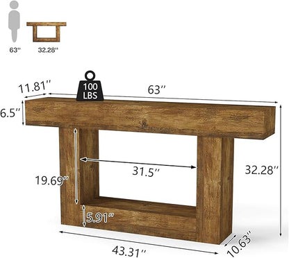 Vibe & Dine 63" Entryway Table, Farmhouse 2-Tier Console Table with U-Shaped Base, Narrow Long Wood Couch Table Behind Sofa for Living Room, Hallway, Foyer, Vintage Brown