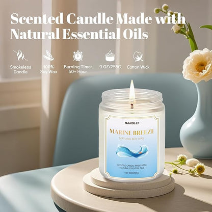 Marine Breeze Candle, 9 oz Scented Candles for Home Soy Candle Wax, Aromatherapy Candles for Women Men, Birthday Christmas Gifts, Perfect for Creating a Calming Ambiance