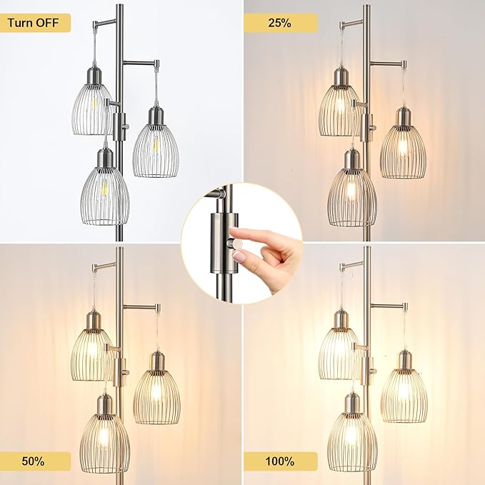 Dimmable Floor Lamp, Metal, 3 x 800LM LED Edison Bulbs Included, Industrial Floor Lamp Standing Tree Lamp with Elegant Teardrop Cage Heads Tall Lamps for Living Room Bedroom-Brushed Nickel