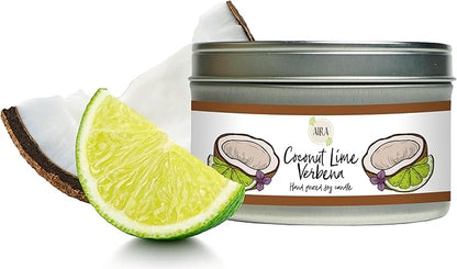 Aira Soy Candles - Organic, Kosher, Vegan, in Mason Jar w/Therapeutic Grade Essential Oil Blends - Hand-Poured 100% Soy Candle Wax - Paraffin Free, Burns 60+ Hours - Coconut Lime Verbena - 8 Ounces
