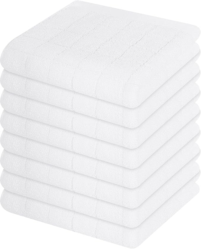 Mordimy 100% Cotton Terry Cloth Dish Cloths, Soft and Absorbent Checkered Dish Towels, Quick Drying Dish Rags for Washing Dishes, 8 Pack, 12 x 12 Inches, White