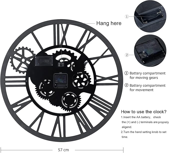 Lafocuse 23 Inch Real Moving Gear Wall Clock, Steampunk Wooden Large Wall Clock for Living Room Decor, Farmhouse