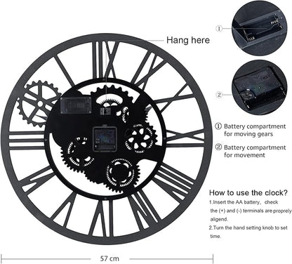 Lafocuse 23 Inch Real Moving Gear Wall Clock, Steampunk Wooden Large Wall Clock for Living Room Decor, Farmhouse
