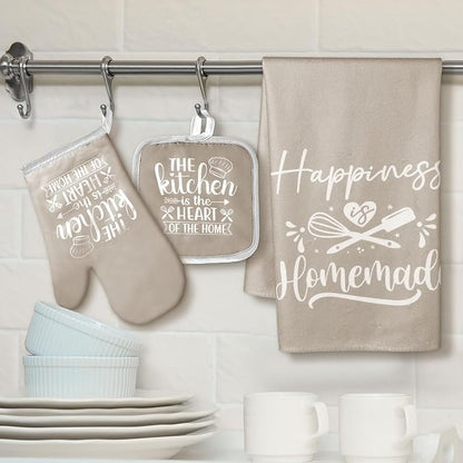 Sratte 6 Pcs Kitchen Decor Accessories Set Farmhouse Towels Pot Holders Oven Mitts Set 2 Dish Towels 2 Potholders 2 Cooking Mittens Oven Glove for Christmas Baking Cooking Supply(Beige,Kitchen)