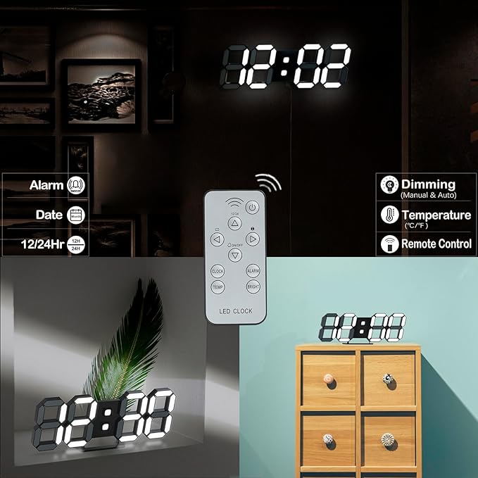 KOSUMOSU Digital Clock 3D LED Wall Clock for Living Room Decor 9.7" Alarm Clocks Black Clock Wall Decor Digital Wall Clock,Remote Control/Dimmer/Date/Temperature