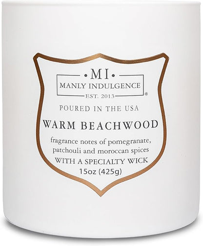 Manly Indulgence Warm Beachwood Scented Candles for Men, 15 oz Wooden Wick, Premium Soy Blend Wax, 60H Burn, Candles for Home Scented - Made in The USA