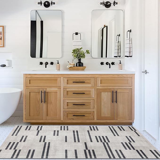 ReaLife Rugs Machine Washable Area Rug Runner - Living Room Bedroom Bathroom Kitchen Entryway Office -Non-Slip Baking Low Pile Stain Resistant Premium - Modern Geometric - Loki-Beige & Black 2'6" x 8'