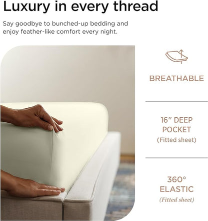 Threadmill 100% Cotton Sheets for King Size Bed - 600 Thread Count King Bed Sheets Set with 16” Deep Pocket - Sateen Weave 4-Piece Bedding Set with Cooling Effect, Ivory