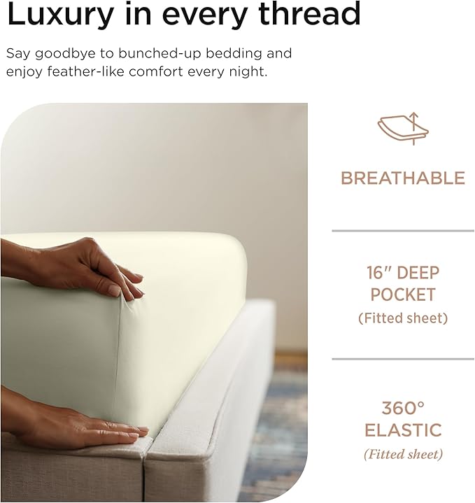 Threadmill 100% Cotton Sheets for Queen Size Bed - 600 Thread Count Queen Bed Sheets Set with 16” Deep Pocket - Sateen Weave 4-Piece Bedding Set with Cooling Effect, Ivory